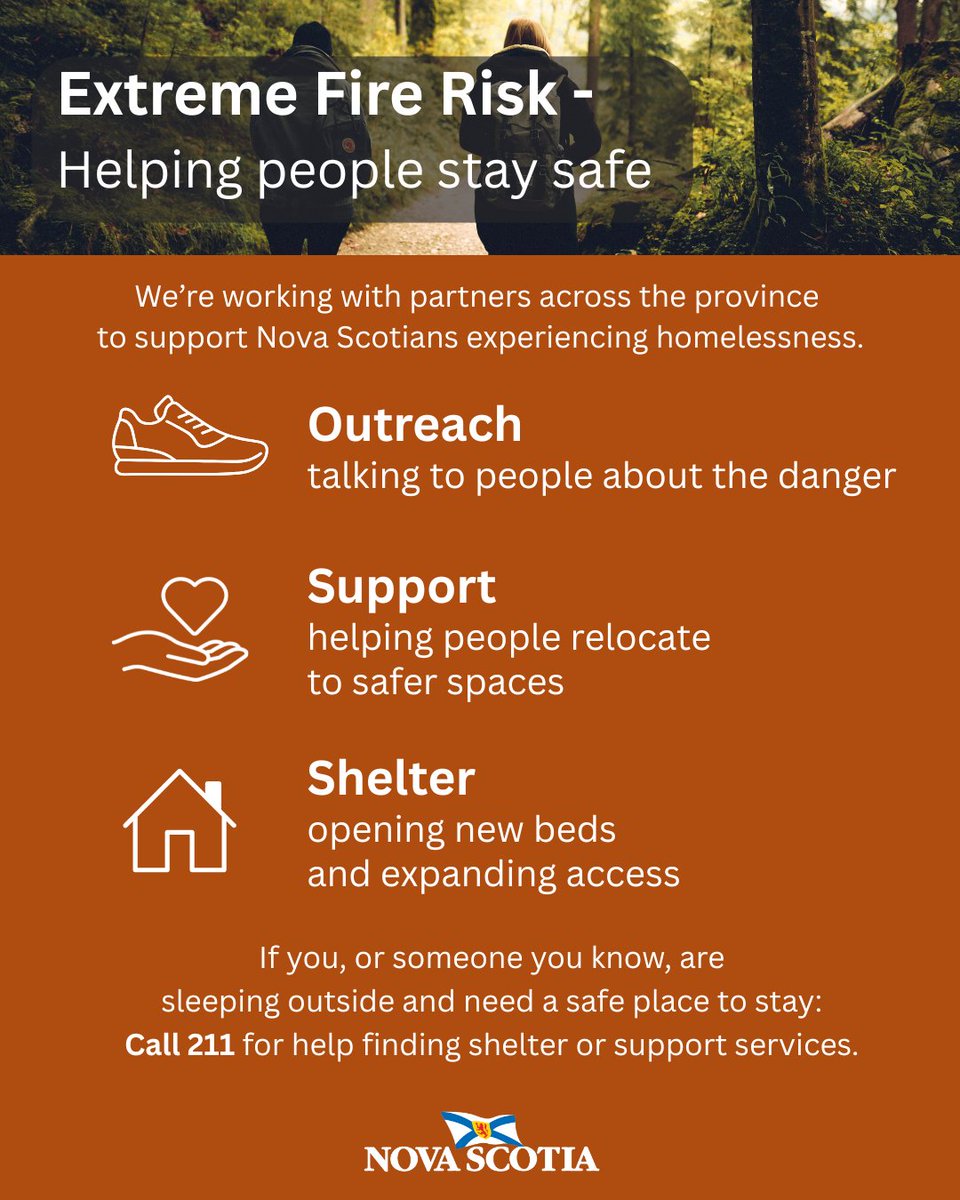 NS_OSD's tweet image. 🔥 Extreme fire risk means no one can be in the woods - it’s just too dangerous. If you or someone you know is sleeping outside, call 211 for help finding shelter or support.