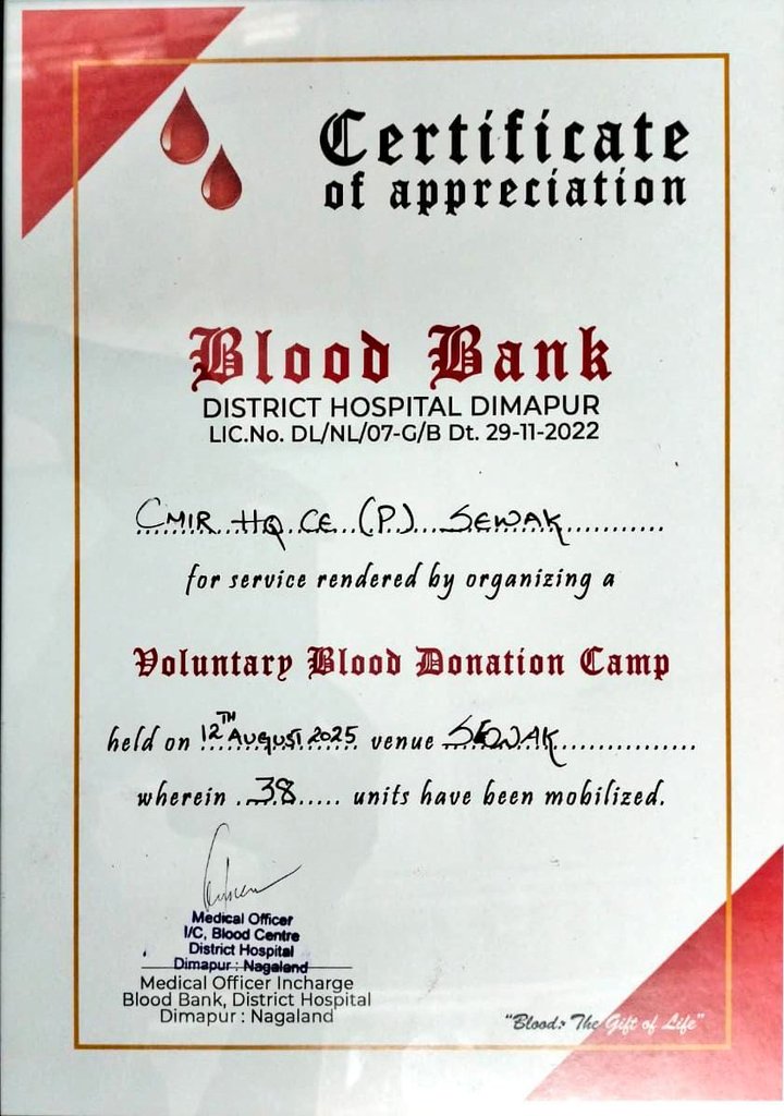 prodefkohima's tweet photo. 🩸 Spirit of Service | Project Sewak

On 12 Aug 2025, HQ CE #ProjectSewak, @BROindia, with #Dimapur District Hospital, held a voluntary #blooddonation camp to mark the #79thindependenceday. 

38 personnel, including officers & CPLs, donated #blood, reflecting unity & patriotism.

The event, graced by the Chief Engineer and dignitaries, reinforced the commitment to community welfare.

#IndependenceDay #IndependenceDayIndia

@adgpi @easterncomd @MyGovNagaland @RajBhavanKohima @dgafms_mod @MoHFW_INDIA