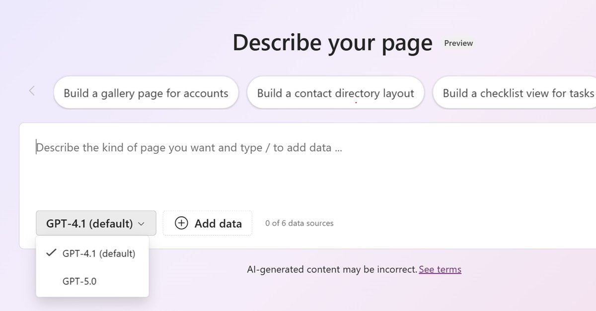 michelcarlo's tweet photo. 📢Power Apps update: Generative pages have access to the new GPT-5 model

🔗 https://t.co/dwGmKq30Bq #PowerPlatform #PowerApps #GenerativePages https://t.co/ysR6Luuc5T