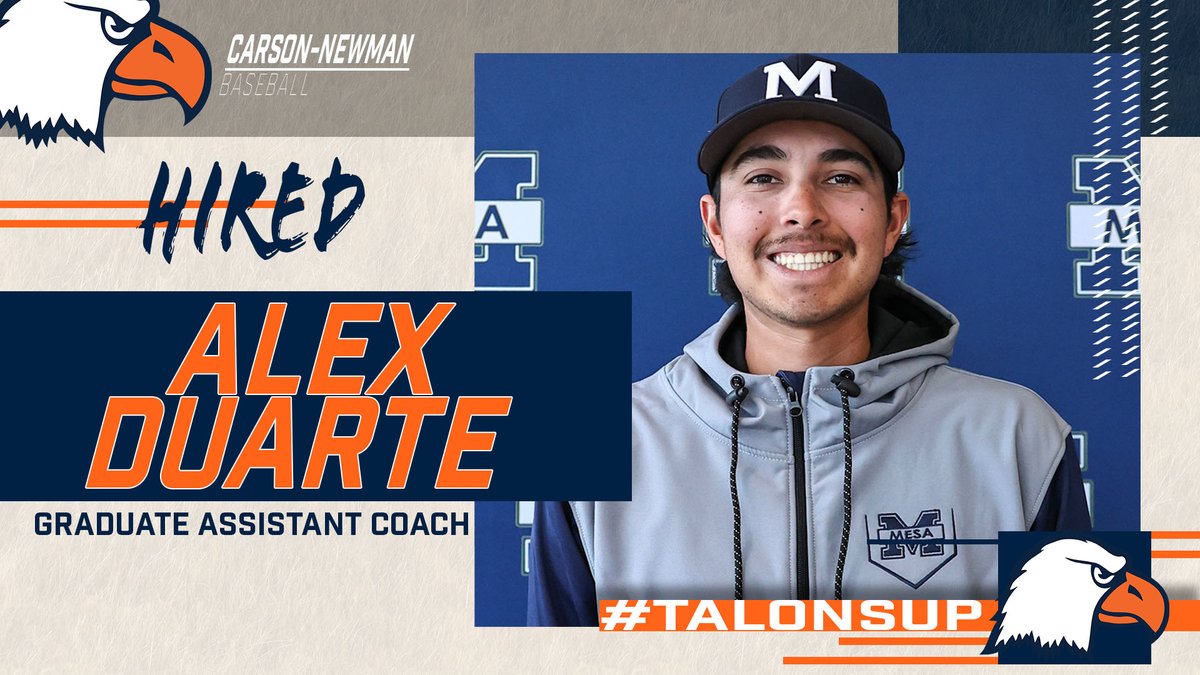 🖐️staff changes for <a href="/CNBaseball/">Carson-Newman Baseball</a> 

<a href="/catchblockthrow/">Tom Griffin</a> brings back <a href="/coach_bkrob/">Brendan Krob</a> as an assistant coach 

<a href="/bollinger_brock/">Brock Bollinger</a> and <a href="/aduarte0/">Alex Duarte</a> are the new graduate assistants 

<a href="/miller_trey14/">tjm.14</a> and <a href="/g04th/">g04th</a> are back as volunteer assistants

📰cneagles.com/x/8okwh

<a href="/CNBaseball/">Carson-Newman Baseball</a> x #TalonsUp