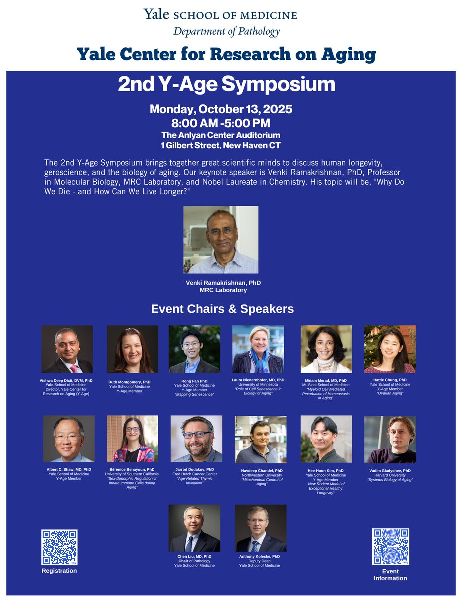 Save the date: The 2nd Yale Center for Research on Aging (<a href="/YaleAge/">Yale Center for Research on Aging (Y-Age)</a>) Symposium is set for Monday, October 13 at the Anlyan Center Auditorium at <a href="/YaleMed/">Yale School of Medicine</a>. Join us for a day-long discussion on human longevity, geroscience, and the biology of #aging. bit.ly/470j7D9