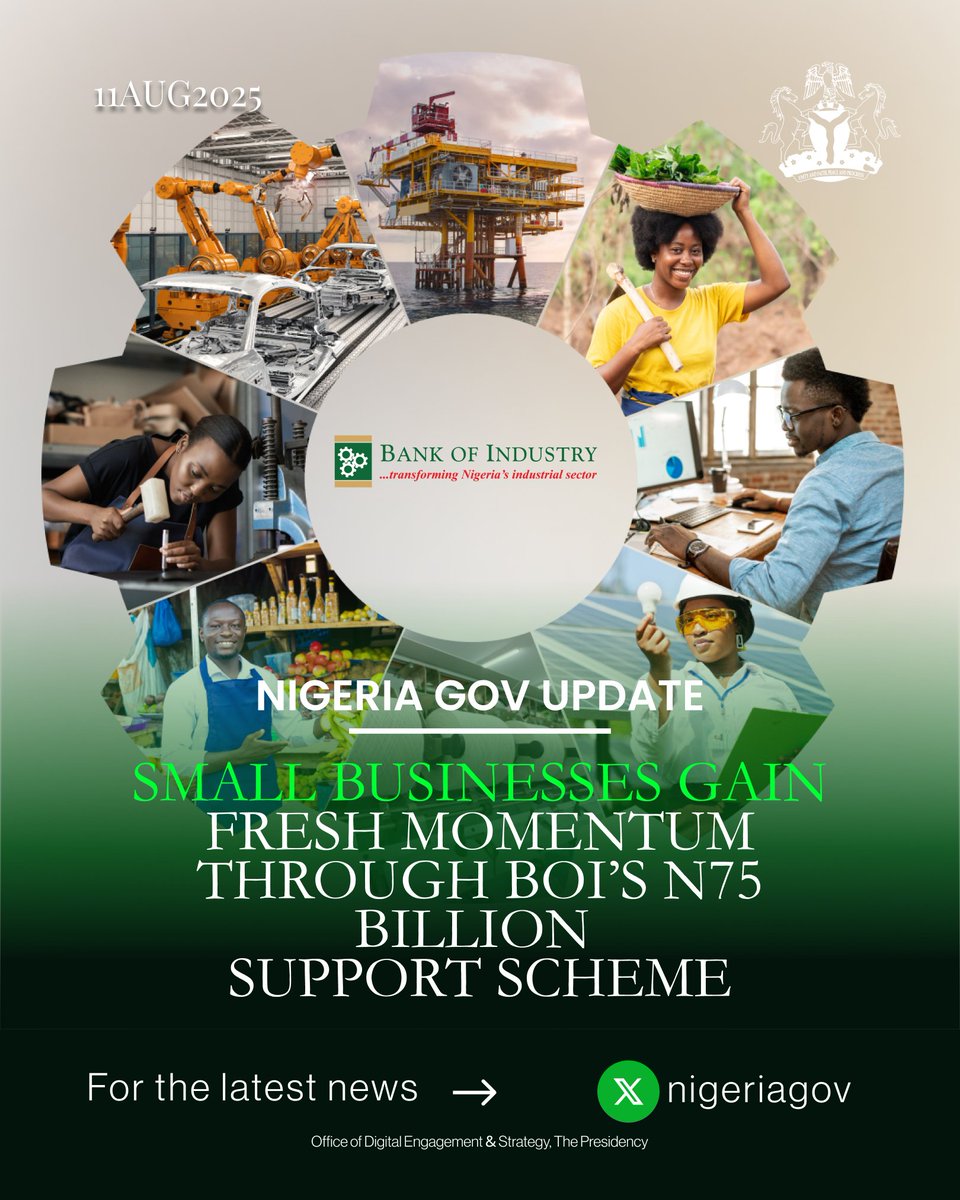 NigeriaGov's tweet photo. Small Businesses Gain Fresh Momentum Through BOI’s N75 Billion Support Scheme

The Federal Government, via BOI, is disbursing N75B in low-interest loans to MSMEs — supporting 150,000 businesses and creating over 500,000 jobs nationwide.
#MSME #SmallBusiness #Entrepreneurship #RenewedHopeAgenda