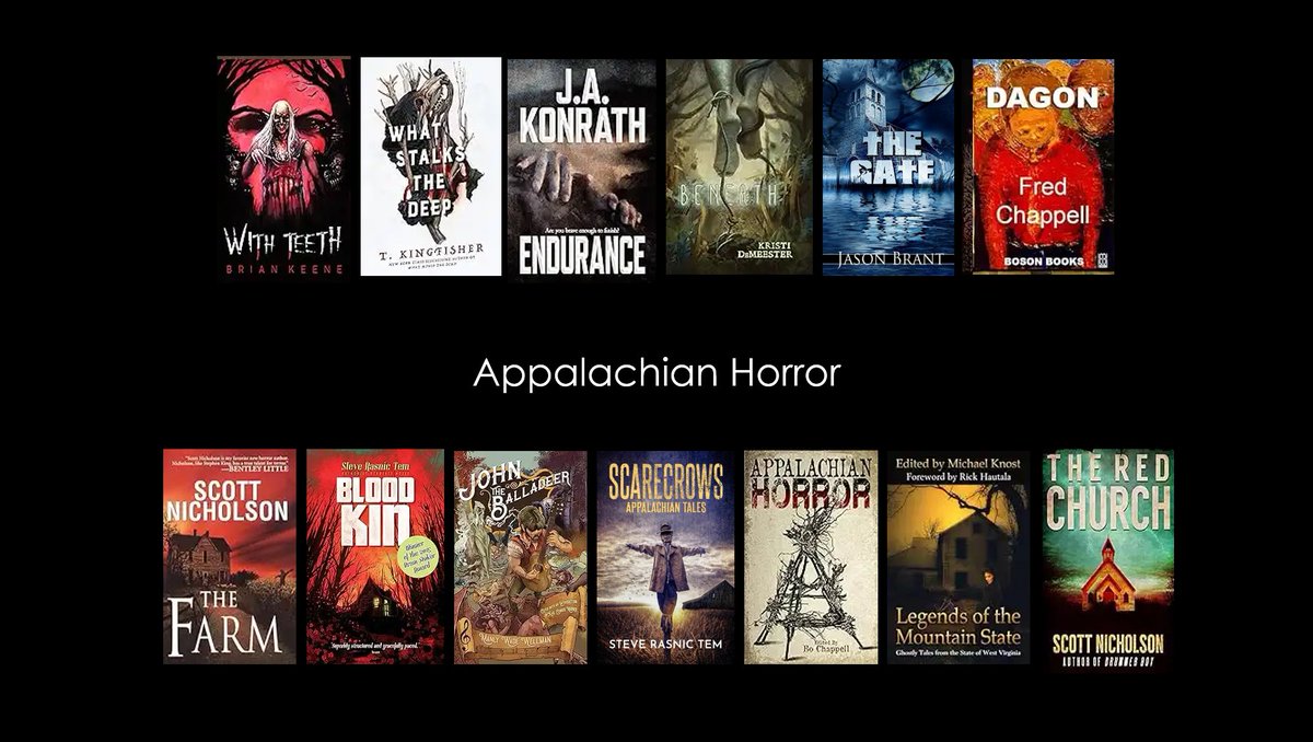 Jack Finn (@therealjackfinn) on Twitter photo #AppalachianHorror recs - day 7
With Teeth – Brian Keene <a href="/BrianKeene/">Brian Keene</a>
What Stalks the Deep - T. Kingfisher <a href="/authorTKingfish/">Author T Kingfisher</a>
Endurance – Jack Kilborn
Beneath – Kristi DeMeester
The Gate - Jason Brant <a href="/jason_brant/">Jason Brant</a>
Dagon – Fred Chappell
The Red Church – Scott Nicholson
Blood Kin #AppalachianHorror recs - day 7
With Teeth – Brian Keene <a href="/BrianKeene/">Brian Keene</a>
What Stalks the Deep - T. Kingfisher <a href="/authorTKingfish/">Author T Kingfisher</a>
Endurance – Jack Kilborn
Beneath – Kristi DeMeester
The Gate - Jason Brant <a href="/jason_brant/">Jason Brant</a>
Dagon – Fred Chappell
The Red Church – Scott Nicholson
Blood Kin