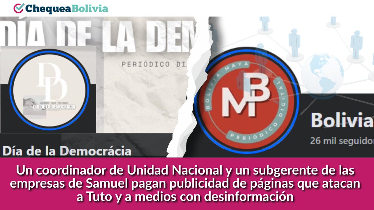 ChequeaBolivia's tweet photo. 🔍 #ChequeaInvestiga
Jonny Bustillos Vera, coordinador departamental de la Regional La Paz de Unidad Nacional (UN), y Alain Pacheco, subgerente del grupo COMVERSA (Los Tajibos, Burger King, Green Tower) pagan publicidad de dos páginas de Facebook que promueven al candidato @SDoriaMedina y atacan con desinformación a @tutoquiroga y a medios de comunicación como @grupoeldeber y DTV.
🔗 Ver más: https://t.co/I2q7WF6FVs
#ChequeaBolivia #ChequeaTuVoto #Elecciones2025