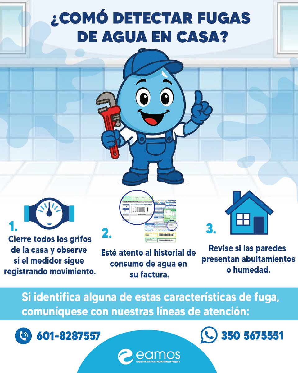 Desde EAMOS E.S.P. te invitamos a realizar una revisión periódica de grifos, tuberías, sanitarios y conexiones internas, para asegurarte que no existan fugas o filtraciones que generen desperdicio.