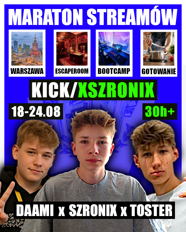 szronix1's tweet image. Siemano, Kick - kick.com/xszronix, 18.08 - 24.08 będzie maraton streamów, z dużą ilością aktywności przez gotowanie po boot camp i więcej, będzie też robiony content nie na żywo, tylko wrzucony na kanał. Możecie też napisać jakieś pytanka do Q&amp;amp;A, które zrobimy i wleci na yt