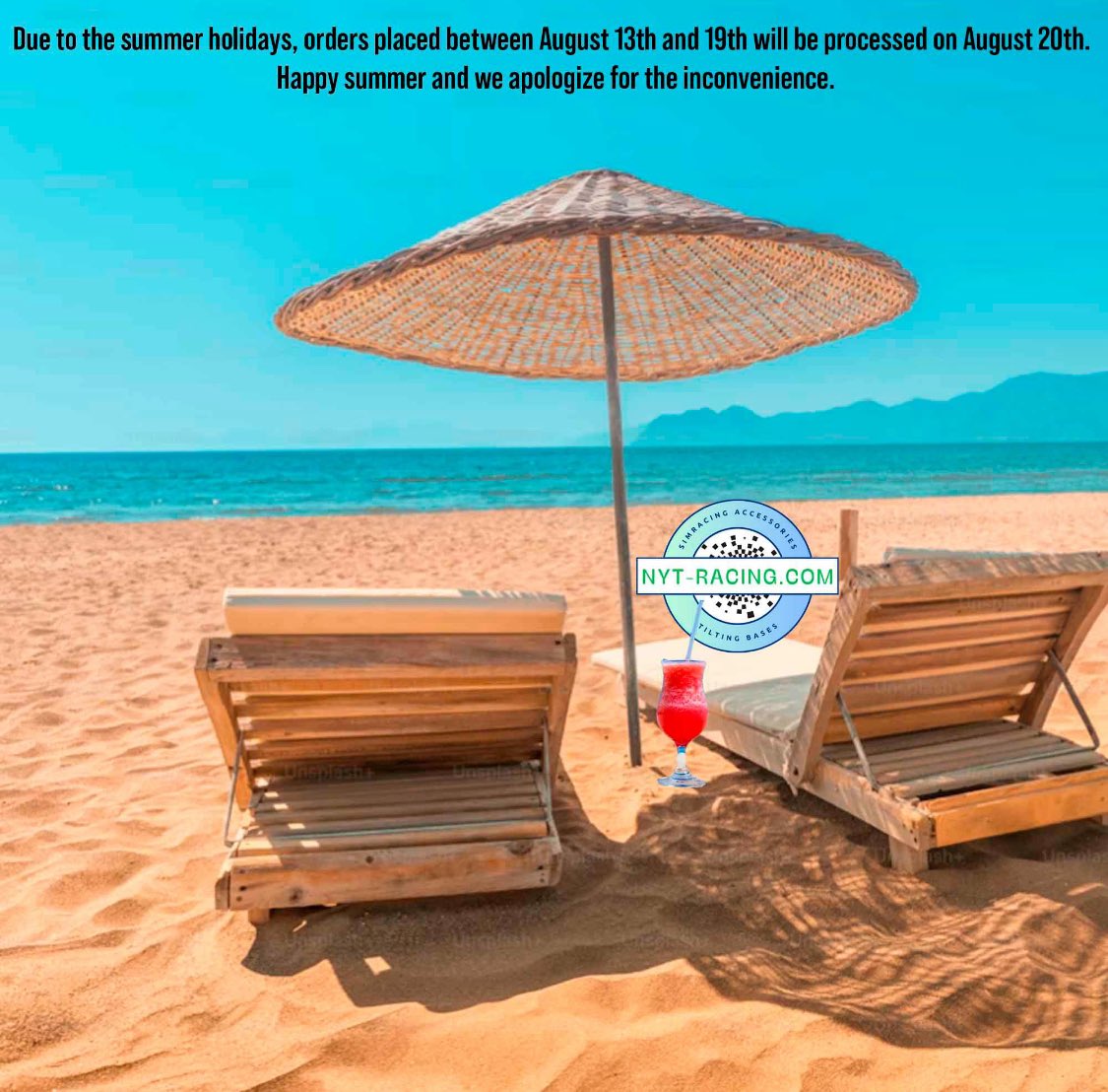 ¡Atencio! Todos los pedidos realizados entre el 13 y el 19 de agosto serán procesados a partir de día 20 por vacaciones. ¡Feliz Verano!