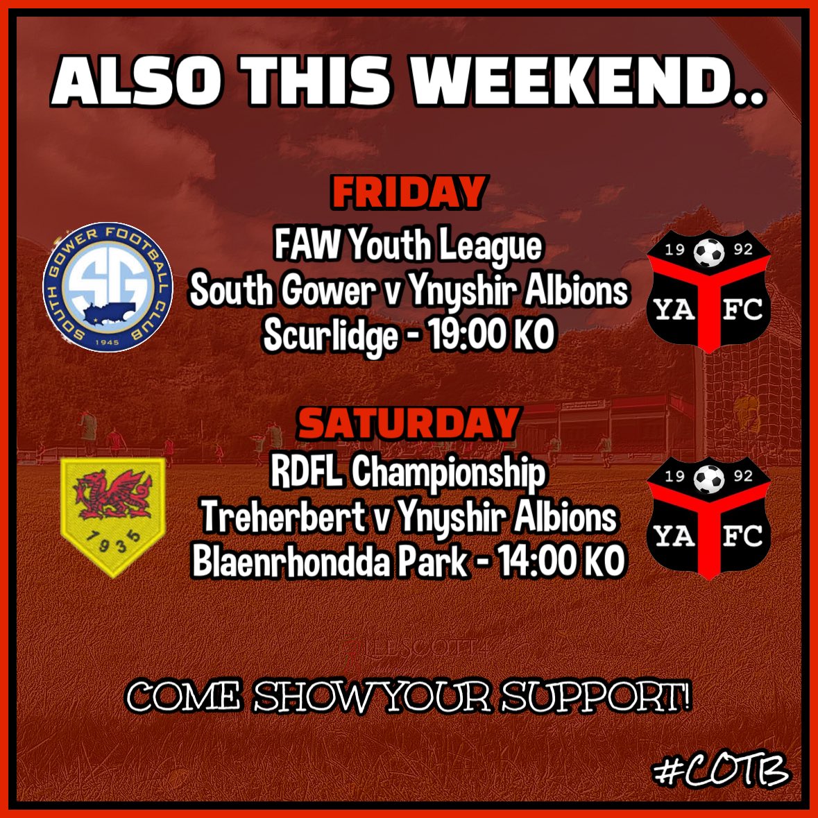 𝗧𝗛𝗜𝗦 𝗪𝗘𝗘𝗞𝗘𝗡𝗗… ⬇️

Let’s make it another great turn out Saturday as our 1st team are back at home, facing another tough tie welcoming Ammanford AFC who are on maximum points from 2 games played this season. 

<a href="/YAFCthebuns/">Ynyshir Albions FC</a> v <a href="/AmmanfordAFC/">Ammanford AFC</a> 
Ynyshir Oval
14:30 KO ⚽️