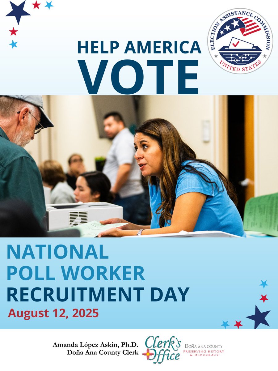 dacclerk's tweet image. Today is National Poll Worker Recruitment Day! Elections can&apos;t run without dedicated poll workers—and that could be you! Curious about how you can #HelpAmericaVote? Learn more about serving your community and sign up here: donaanacountyelections.com/training-centr…