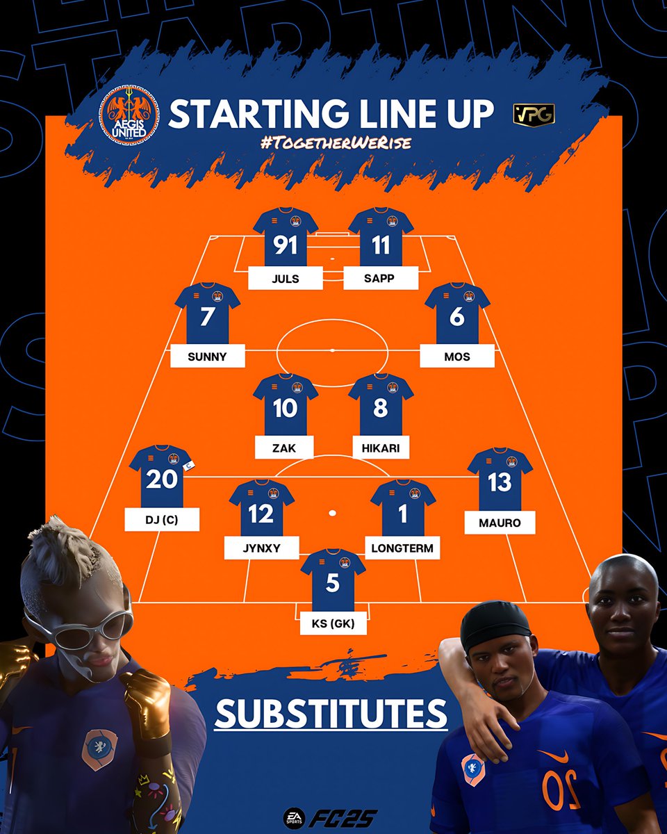 OUR OFFICIAL STARTING XI 📋

MATCHDAY 8 of <a href="/VPGEurope/">Virtual Pro Gaming | Europe</a> see’s Big Jynx return to the backline to hopefully shore it up💪🏻 

Tough tests tonight, but let’s get the job done.

Up the Aegis.

🎥 twitch.tv/michaelrumble_ 

#TogetherWeRise🛡️ #FC25 #Esports