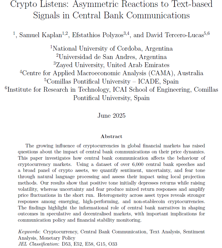 Cryptocurrencies | New working paper alert!

"Crypto Listens: Asymmetric Reactions to Text-based Signals in Central Bank Communications", by <a href="/SamuelKaplan13/">Samuel Kaplan</a>, E. Polyzos and myself. 
#crypto #communications

All comments more than welcome!

ideas.repec.org/p/aoz/wpaper/3…