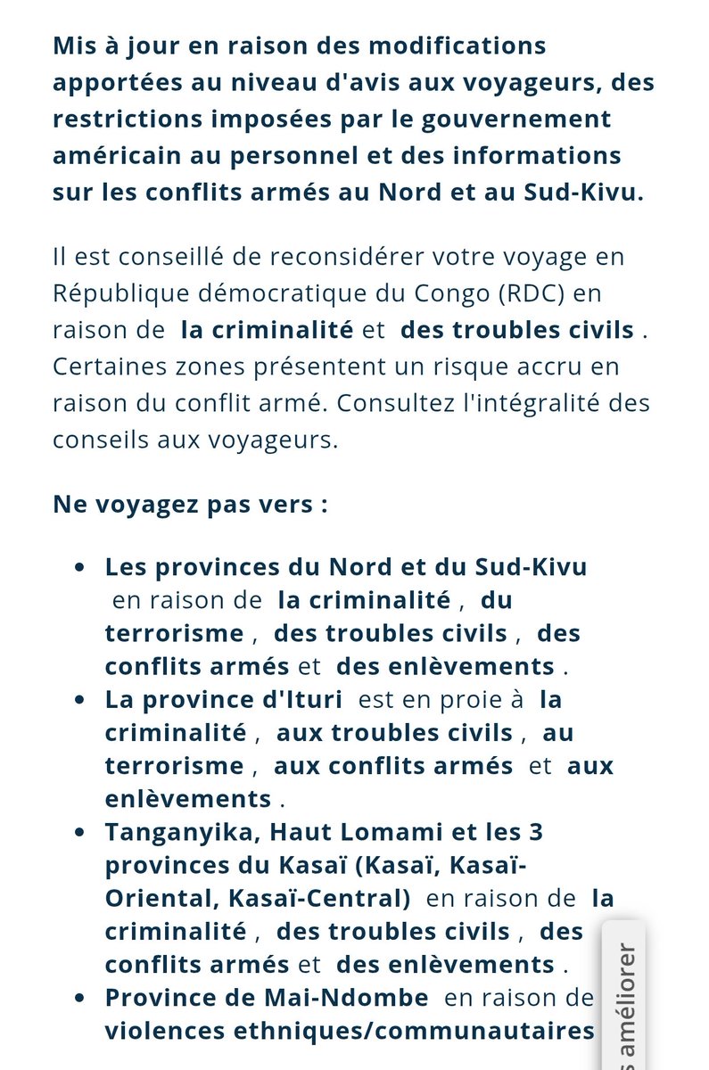 Jean Claude Mputu (@mputujeanclaude) on Twitter photo <a href="/USEmbKinshasa/">U.S. Embassy Kinshasa</a> déconseille le voyage dans certaines provinces de la RDC <a href="/Presidence_RDC/">Présidence RDC 🇨🇩</a> . Leur analyse est dure: "Les crimes violents sont fréquents. Ils comprennent les vols à main armée, les invasions de domicile et les agressions. La police locale manque de ressources pour <a href="/USEmbKinshasa/">U.S. Embassy Kinshasa</a> déconseille le voyage dans certaines provinces de la RDC <a href="/Presidence_RDC/">Présidence RDC 🇨🇩</a> . Leur analyse est dure: "Les crimes violents sont fréquents. Ils comprennent les vols à main armée, les invasions de domicile et les agressions. La police locale manque de ressources pour
