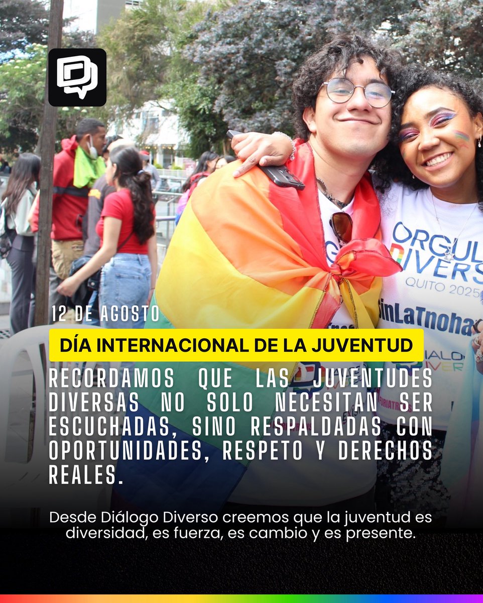 🌈 Día Internacional de la Juventud / 12 de agosto
En Diálogo Diverso sabemos que apoyar a la juventud es fundamental para garantizar derechos, crear espacios seguros y fortalecer su participación activa en la sociedad.

💜 Porque sin juventudes diversas, no hay cambio posible.