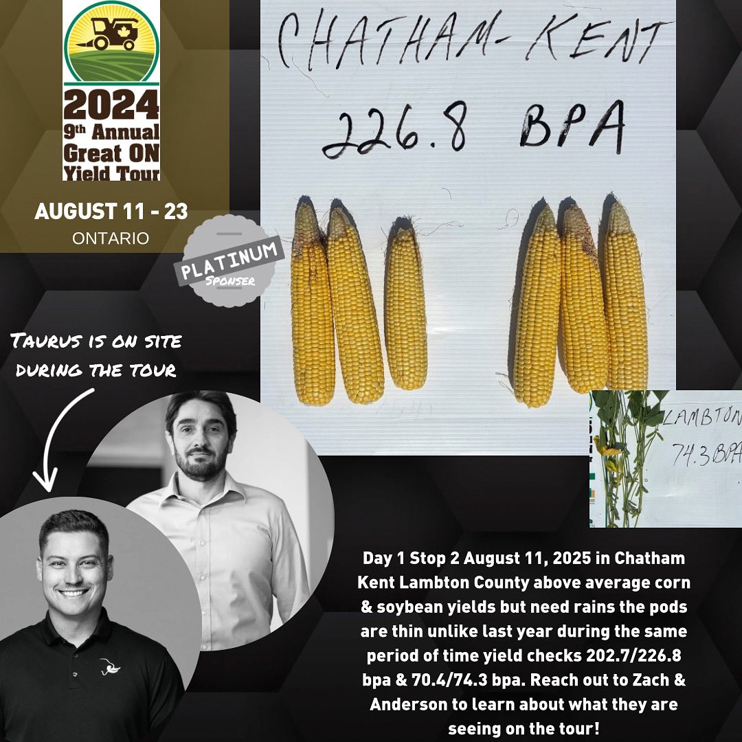 Day 1 Stop 2 August 11, 2025 #ONYield25 in #Chathamkent #Lambton County above average #corn &amp; #soybean yields but need rains the pods are thin unlike last year during the same period of time yield checks 202.7/226.8 bpa &amp; 70.4/74.3 bpa.

Connect with Zach and Anderson to learn