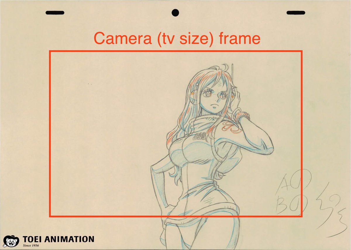 For an actual answer it’s because in Japanese animation the drawings are extended all the way to the ends of the paper to help keep consistent volume and shape as the work is passed to the next team (corrections, douga, coloring, etc.)

The tv screen size is a rectangle: