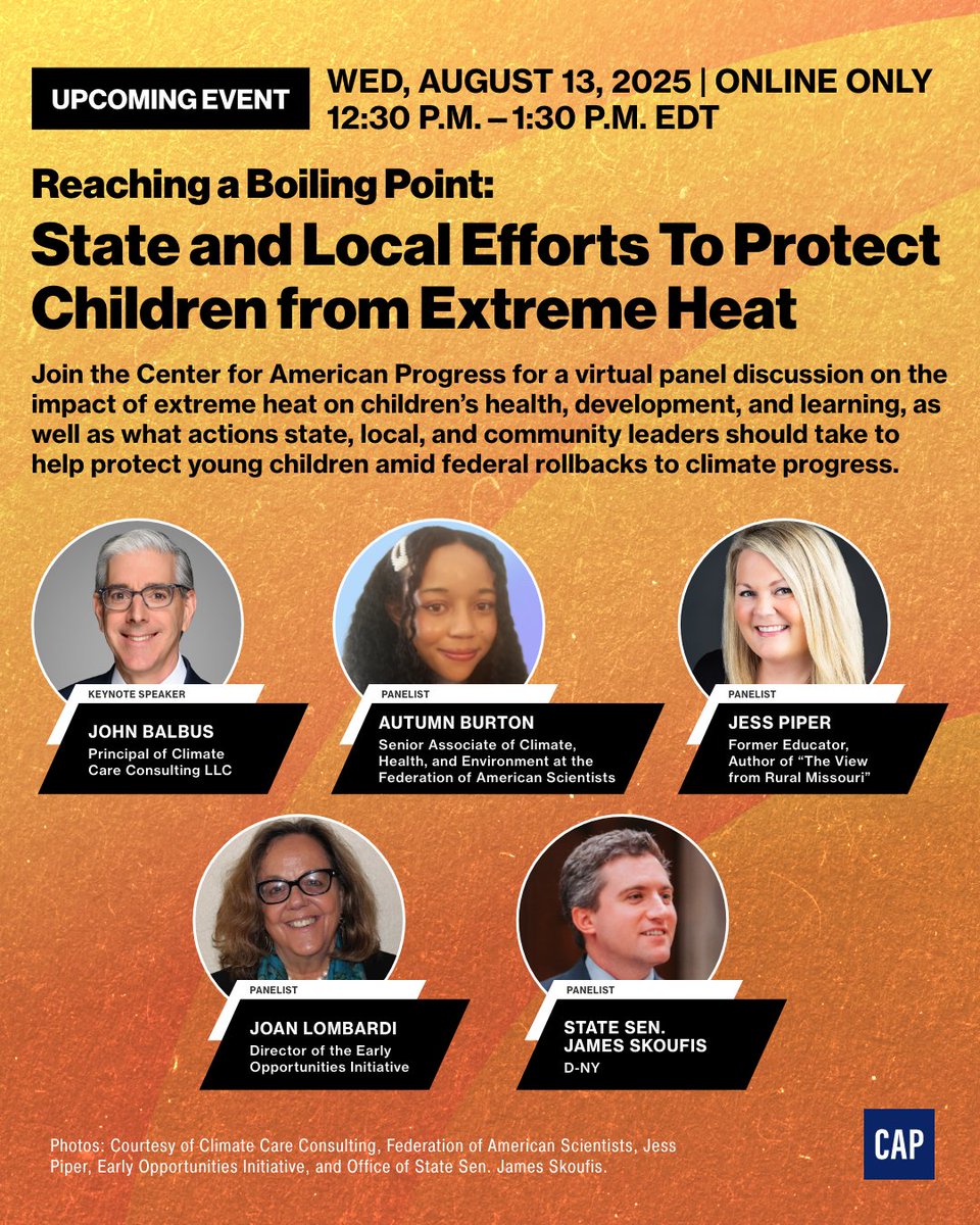Paige Shoemaker DeMio (@pbshoemaker) on Twitter photo I'm hosting an event tomorrow alongside the incredible <a href="/haileymgibbs/">Hailey Gibbs, PhD</a>! Join us for a discussion on the impacts of extreme heat on children, the current threats to climate progress, and the ways state & local leaders can protect our youngest.
RSVP here! americanprogress.org/events/reachin… I'm hosting an event tomorrow alongside the incredible <a href="/haileymgibbs/">Hailey Gibbs, PhD</a>! Join us for a discussion on the impacts of extreme heat on children, the current threats to climate progress, and the ways state & local leaders can protect our youngest.
RSVP here! americanprogress.org/events/reachin…
