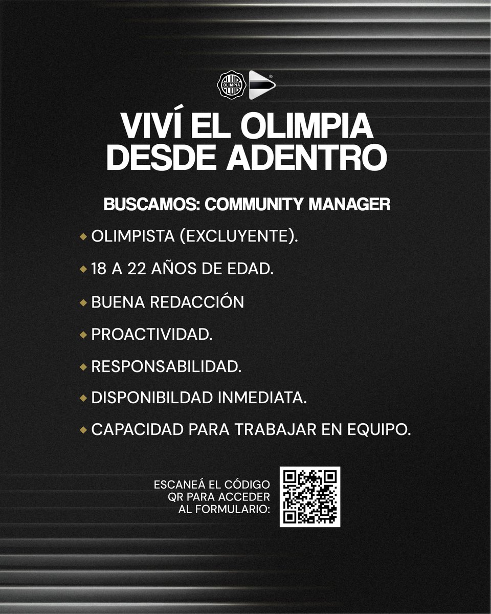 ¡Viví el Olimpia desde adentro! 🔍

Si creés que cumplís con los requisitos y estás apto para el cargo solicitado, completá ya mismo el formulario.

📎 zfrmz.com/ooMhwotDwC4WIl…

#SoyDelOlimpia ⚪️⚫️⚪️