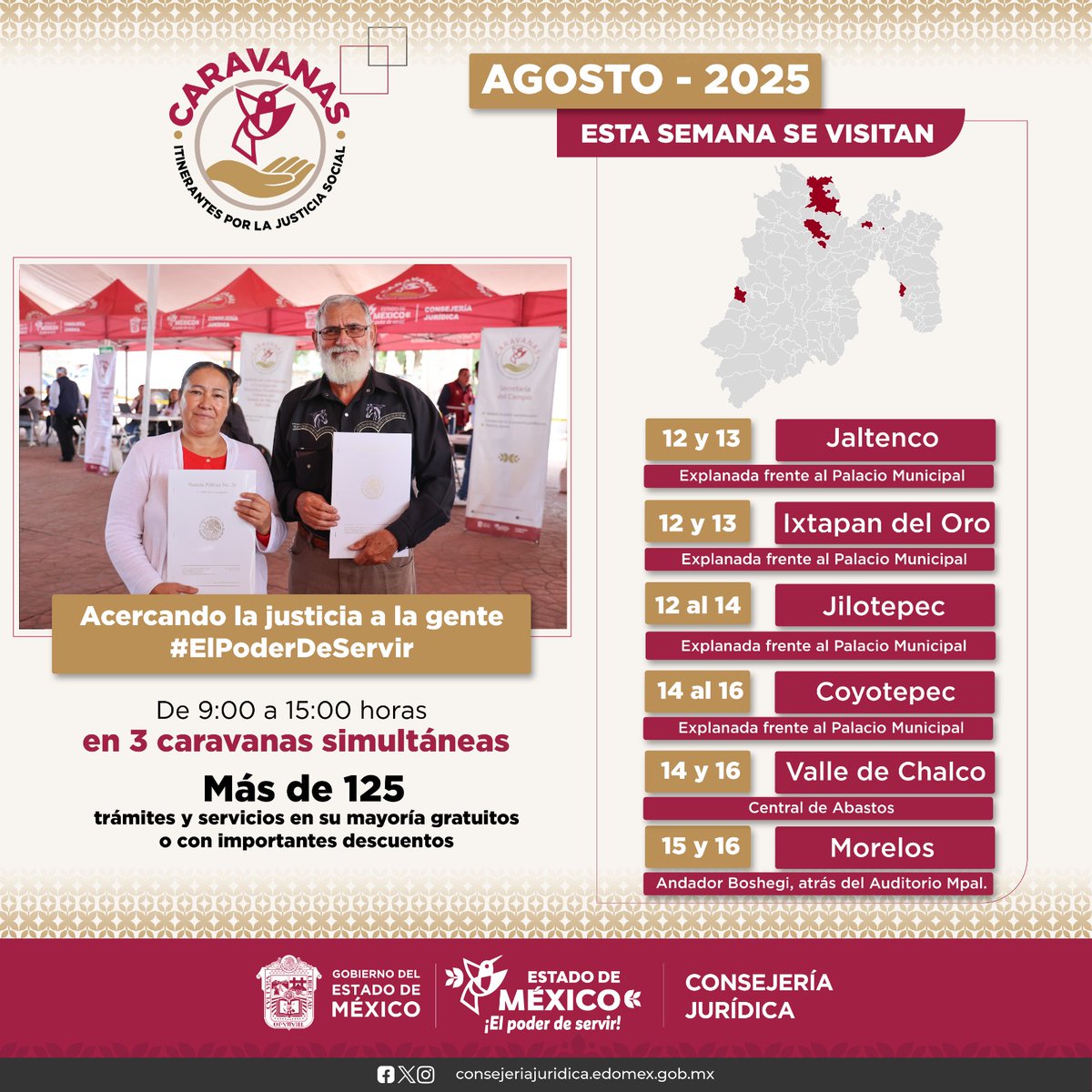 CEAVEM's tweet photo. 🫴 Las #CaravasItinerantes llegan a 6 municipios del Estado de México esta semana,instalándose en las plazas cívicas de:
🟤#Jaltenco
🟤#IxtapanDelOro
🟤#Jilotepec
🟤#Coyotepec
🟤#ValleDeChalco
🟤#Morelos
¡No hay pretexto! Conoce los 125+ trámites y servicios disponibles. https://t.co/YB0z7IKRmm