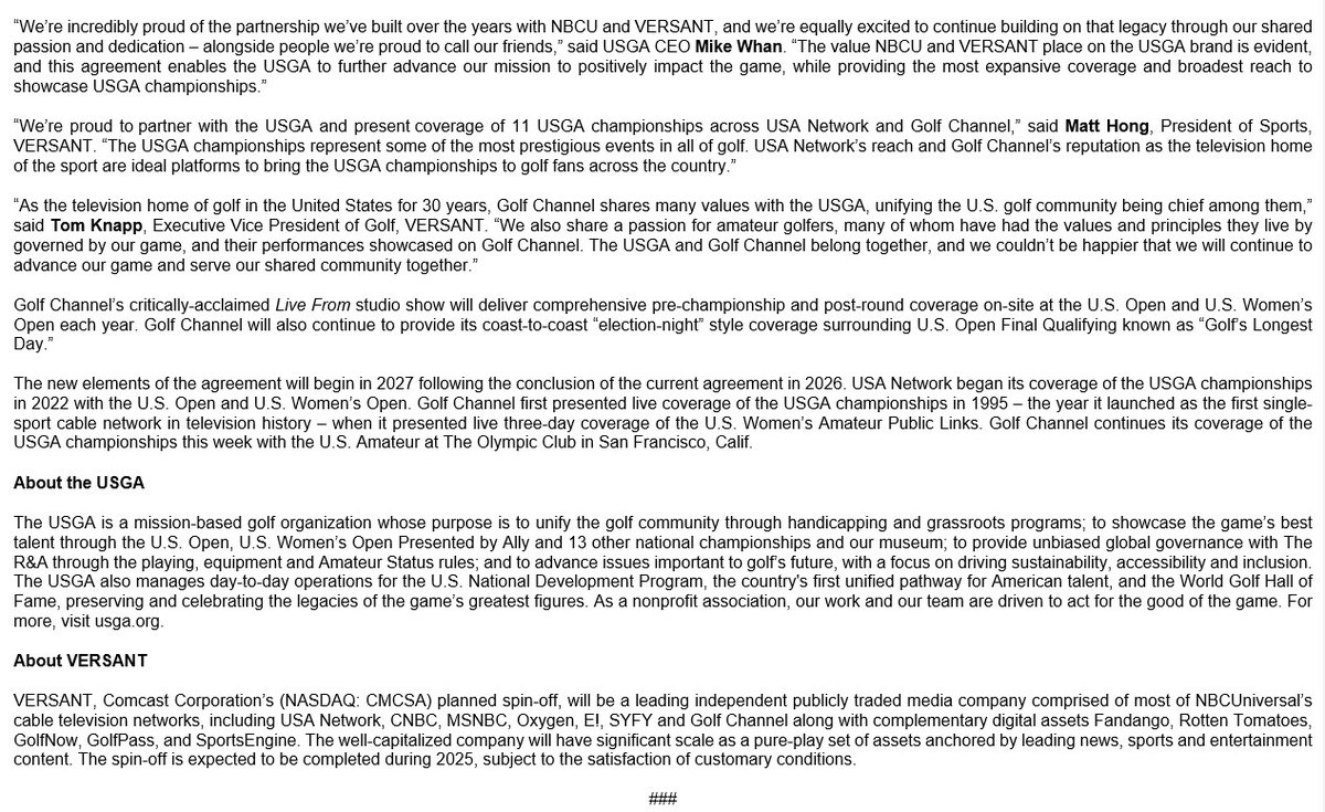 Golf Channel PR (@golfchannelpr) on Twitter photo Sound the trumpets🎺🎺
The <a href="/USGA/">USGA</a> has renewed its media rights deal with <a href="/NBCUniversal/">NBCUniversal</a> through 2032.
This marks <a href="/VersantMedia/">VERSANT</a>'s first sports media rights deal with coverage of 11 USGA championships - including the U.S. Open & U.S Women's Open - on <a href="/USANetwork/">USA Network</a> and <a href="/GolfChannel/">Golf Channel</a>. Sound the trumpets🎺🎺
The <a href="/USGA/">USGA</a> has renewed its media rights deal with <a href="/NBCUniversal/">NBCUniversal</a> through 2032.
This marks <a href="/VersantMedia/">VERSANT</a>'s first sports media rights deal with coverage of 11 USGA championships - including the U.S. Open & U.S Women's Open - on <a href="/USANetwork/">USA Network</a> and <a href="/GolfChannel/">Golf Channel</a>.