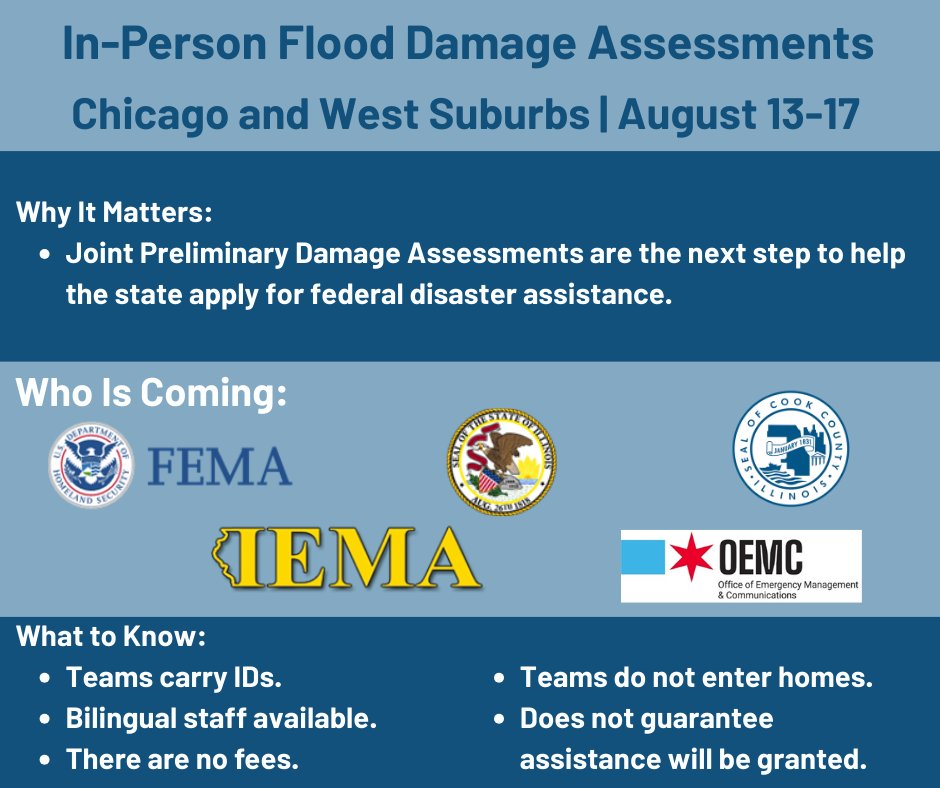 CookCountyEMRS (@cookcountyemrs) on Twitter photo Joint Preliminary Damage Assessment teams will be out in communities in Chicago and western suburbs starting tomorrow to confirm damage from flooding on July 25-28. 
Teams will have IDs and will not enter homes to complete assessments. Joint Preliminary Damage Assessment teams will be out in communities in Chicago and western suburbs starting tomorrow to confirm damage from flooding on July 25-28. 
Teams will have IDs and will not enter homes to complete assessments.