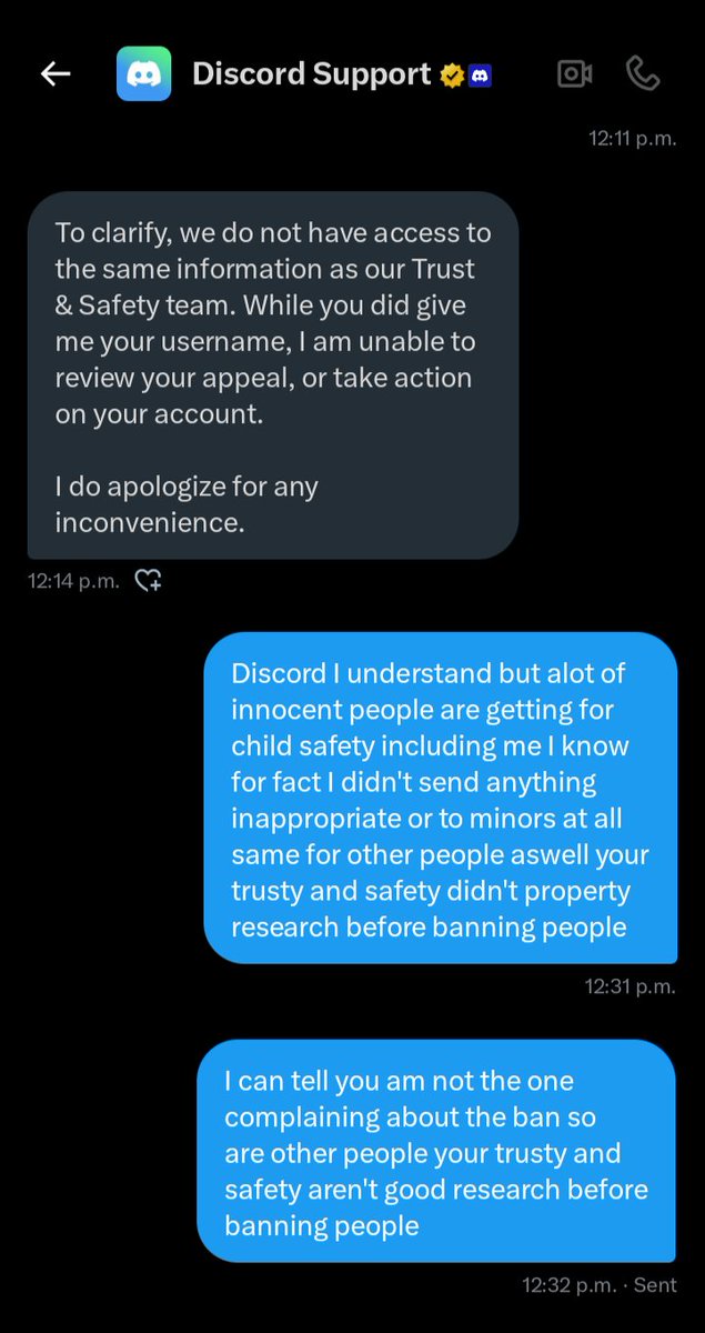 societyIsCringe's tweet photo. I sent @discord_support message regarding people getting banned for child safety including me when I know didn't send anything inappropriate to minor or send anything explicit but seriously I hope everyone gets their accounts by false ban.
#DiscordSupport, #AccountRestoration https://t.co/aK2isICSt8