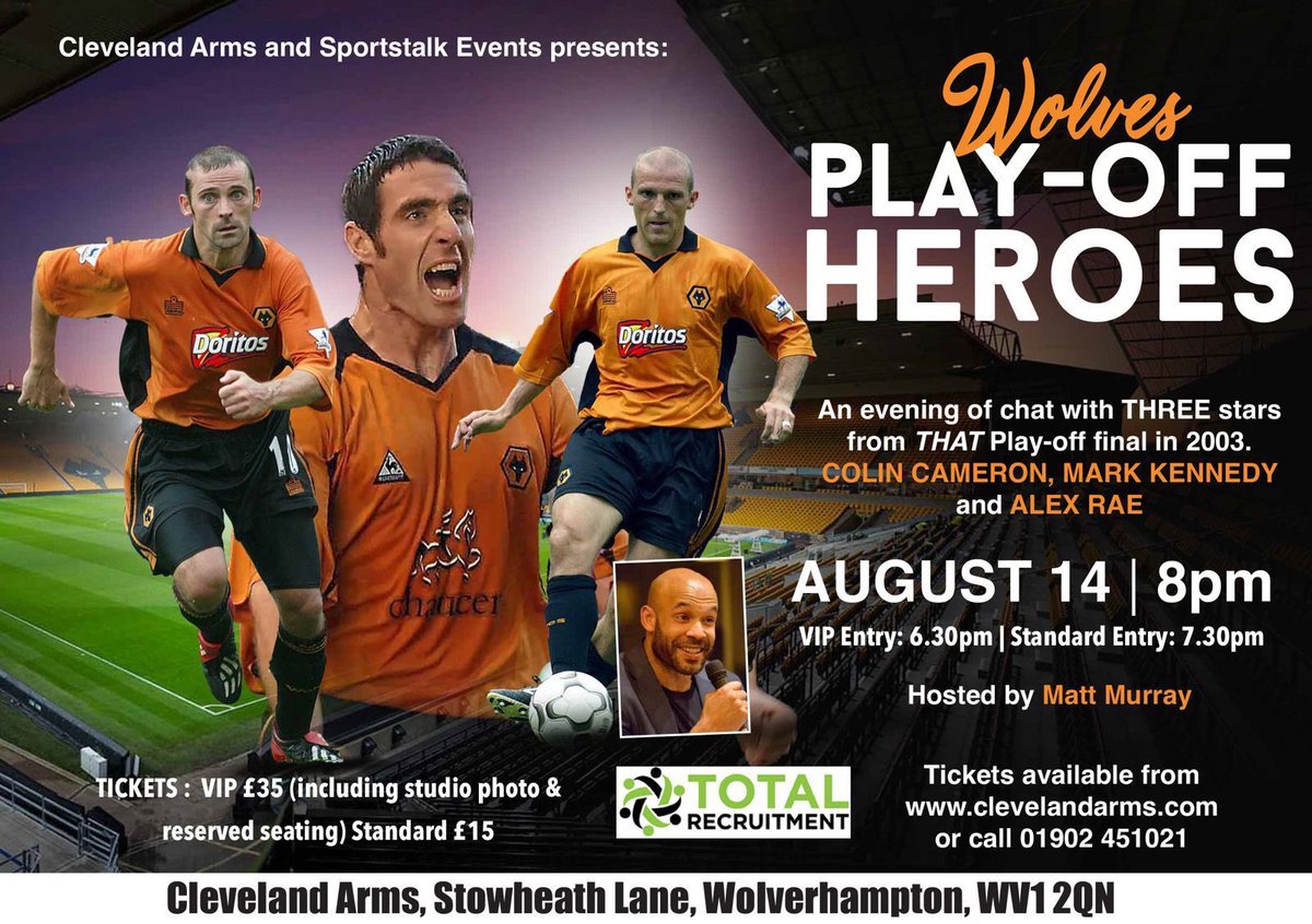 Thursday night we have former Wolves stars Mark Kennedy, Colin Cameron and <a href="/alexrae1969/">Alex Rae</a> talking all things Wolves.

Hosted by <a href="/MattMurray20/">Matt Murray</a> 

Tickets JUST £15.
Available on the door.