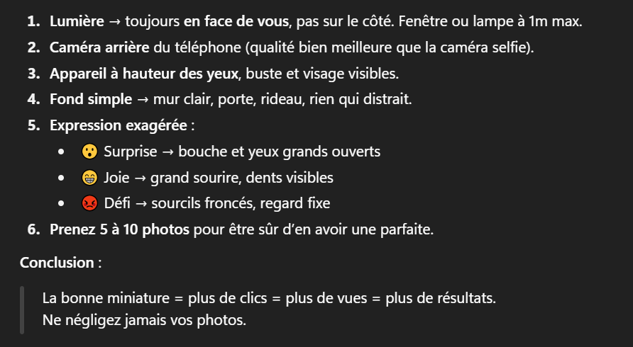 Les miniatures YouTube, c’est 70% du taux de clic.
Mais 90% des gens prennent leurs photos… n’importe comment. 😅

Voilà comment avoir une photo parfaite pour une miniature, même avec un vieux téléphone 👇