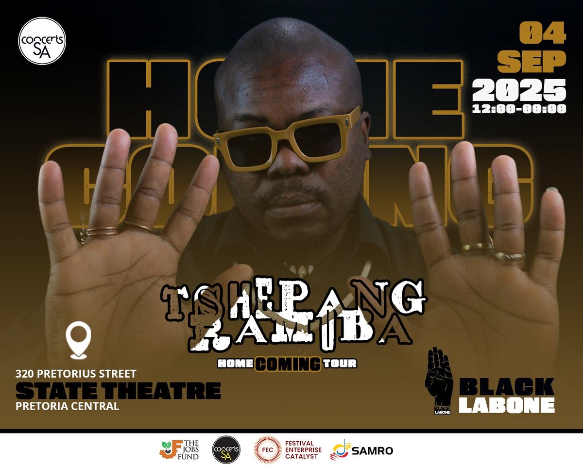 TshepangRamoba's tweet image. As part of the #tshepangramobahomecoming tour, we will be performing at @blacklabone  on the 4th of September 2025 at the @sastatetheatre in Pretoria. 

This #tour is supported by @ConcertsSA

#africa #music #tourist #limpopo #thobela #art 

Thobela 🕯️