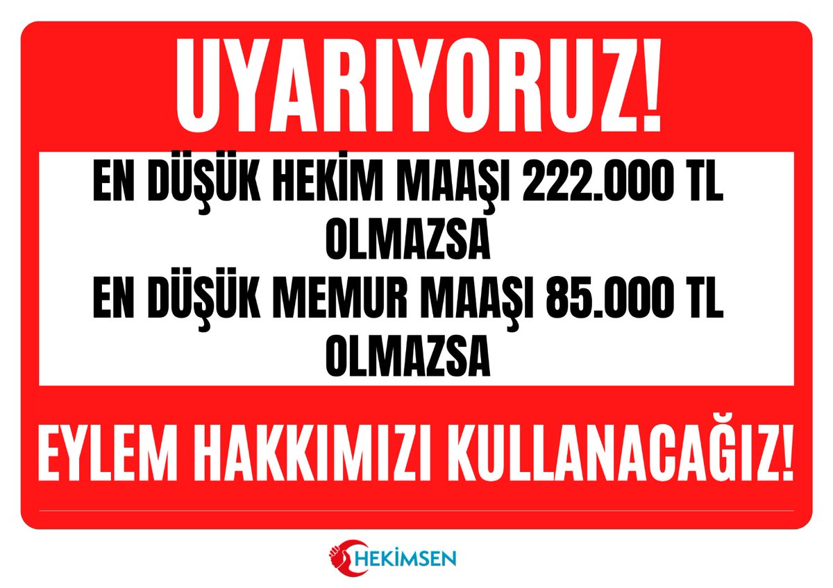 📢 BU TEKLİF KABUL EDİLEMEZ!

💬 Talebimiz açıktır:

👉En düşük hekim maaşı, toplam gelirin %80’i olacak şekilde 222.000 TL sabit kök maaş olarak güvence altına alınmalıdır.

👉Kalan %20’lik kısım, tercihe bağlı teşvik ek ödeme şeklinde, performansa dayalı olarak düzenlenmelidir.