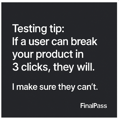 FinalPassQA's tweet image. #qa #qualityassurance #bug #UserExperience #ux #testing #saas #IndieDevs #SoftwareDevelopment #softwaretesting