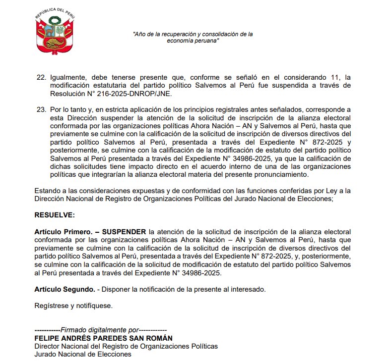 #LoÚltimo📌 El JNE suspendió inscripción de alianza entre Ahora Nación, de Alfonso López-Chau, y Salvemos al Perú, de Mariano Gonzáles, para las #Elecciones2026. Según la resolución, este último partido tiene un proceso en curso para inscribir directivos y modificar su estatuto.