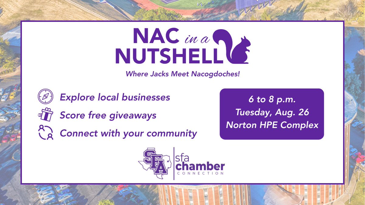 Discover your new hometown-away-from-home! 🏡🌲✨ 
Lumberjacks can meet reps from nearly 100 local businesses and organizations at Nac in a Nutshell from 6 to 8 p.m. Aug. 26 in the Norton HPE Complex. #NacInANutshell #SFAWoW #JacksGetInvolved