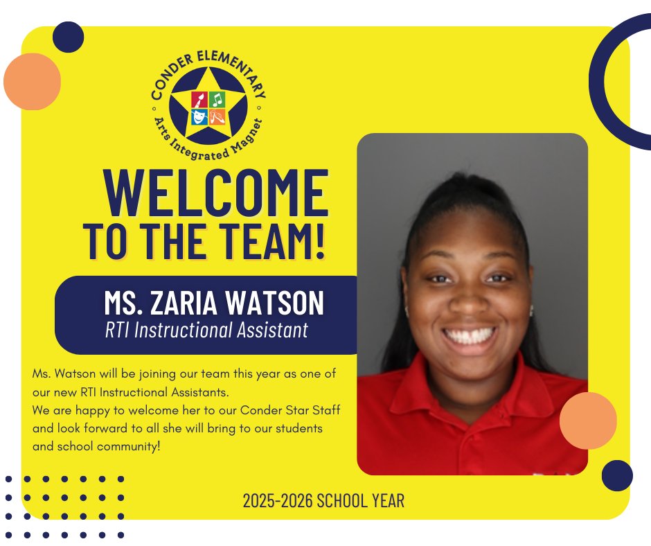 🌟 Please join us in welcoming Ms. Watson, one of our new RTI Instructional Assistants! 🌟

We’re glad to have her on the Conder Star Staff and look forward to all the support she will bring to our students and school community.

Welcome, Ms. Watson! 💫