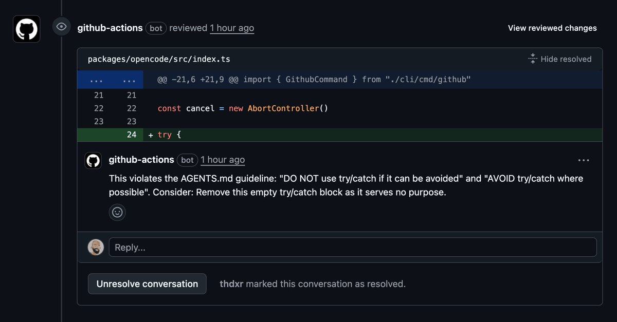 thdxr's tweet image. ok getting obsessed with having opencode do PR checks - basically typechecking but way more flexible
added OPENCODE_PERMISSION to limit the bash tool to avoid prompt injection
but check this out - i just told it to make sure PRs follow our style guide and it does a review