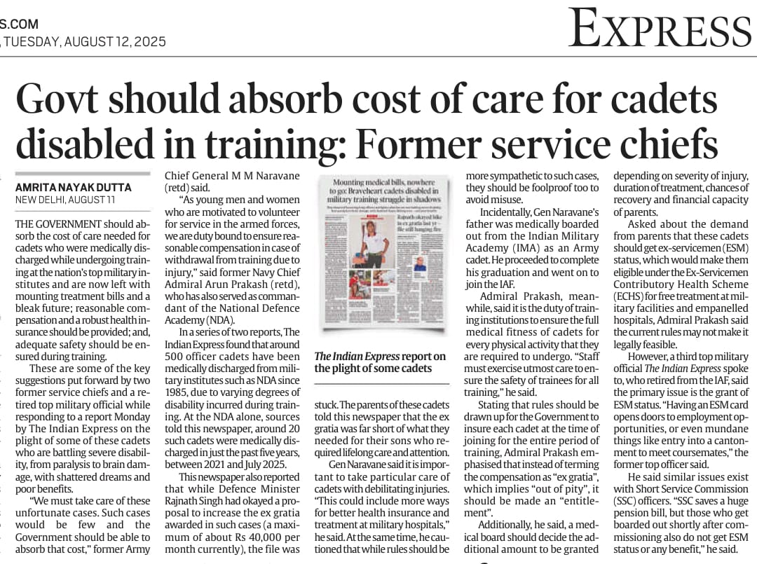 rahulw_dss's tweet image. Thanks to @AmritaNayak3 for bringing out important perspectives from @ManojNaravane and @arunp2810 .
Govt can surely absorb the ₹11 crore or so yearly amount that will go into an increased entitlement for disabled cadets......
@IndianExpress