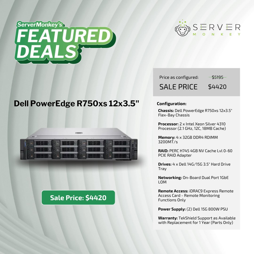 ServerMonkey (@myservermonkey) on Twitter photo Flex-Bay power! 15% off Dell PowerEdge #R750xs: Now $4,420! Dual Xeon Silver 4310 CPUs, 128GB RAM, 4 drive bays, PERC H745 with 4GB cache, TekShield Support.
🌐: hubs.ly/Q03CnLpr0
👨💻: 1-855-432-8918 | sales@servermonkey.com
#ServerMonkeyFeaturedDeal Flex-Bay power! 15% off Dell PowerEdge #R750xs: Now $4,420! Dual Xeon Silver 4310 CPUs, 128GB RAM, 4 drive bays, PERC H745 with 4GB cache, TekShield Support.
🌐: hubs.ly/Q03CnLpr0
👨💻: 1-855-432-8918 | sales@servermonkey.com
#ServerMonkeyFeaturedDeal