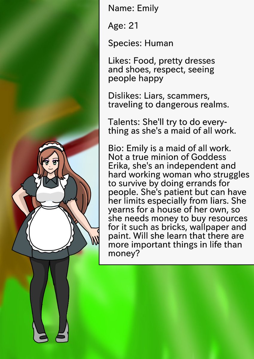 New character! Her name is Emily, she’s a maid of all work. Her role is to be a background character but I’m not sure if she would play a big role later. What do you guys think?

#digitalart #ocart #maid
