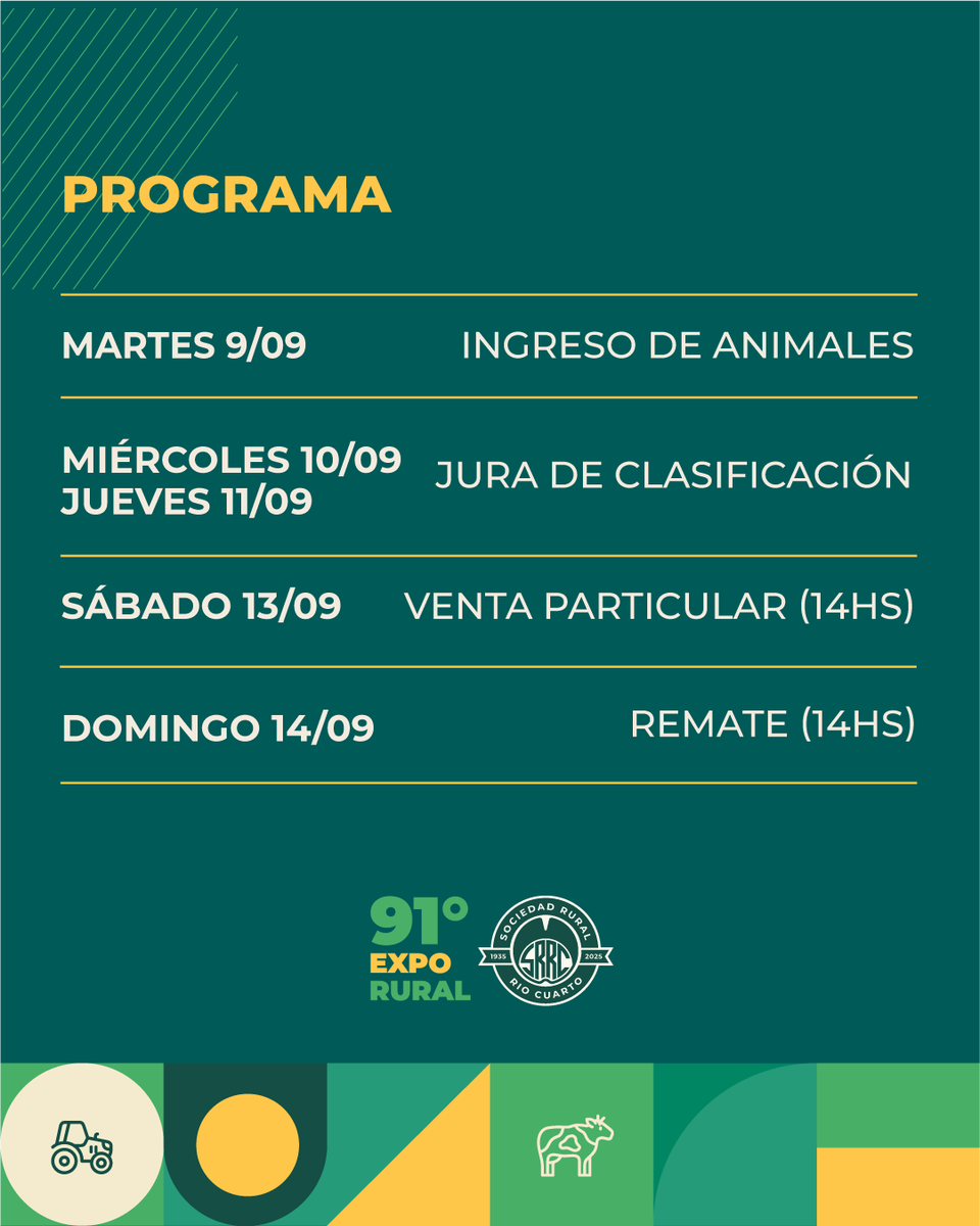 ruralriocuarto's tweet photo. 🐔🐰 ¡Últimos días para inscribirte en el Pabellón Granja de la Expo Rural Río Cuarto!
Del 10 al 14 de septiembre, sé parte de la muestra más importante del interior del país.
#VuelveGranja #91ExpoRural #RíoCuarto #SRRC #ElPotencialDelPais #TodoElPotencial #PabellonGranja https://t.co/Ld7xf8peOW