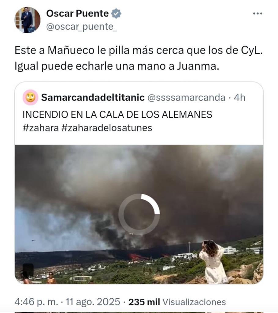 davidgilchapado's tweet photo. En plena tragedia por los incendios en #CastillayLeón, el ministro @oscar_puente_ opta por el ataque personal y la burla política. Un comportamiento impropio de un representante del Gobierno y una falta de respeto hacia quienes sufren y trabajan para frenar el fuego🔥Dimisión ya https://t.co/rPhU6wlriZ