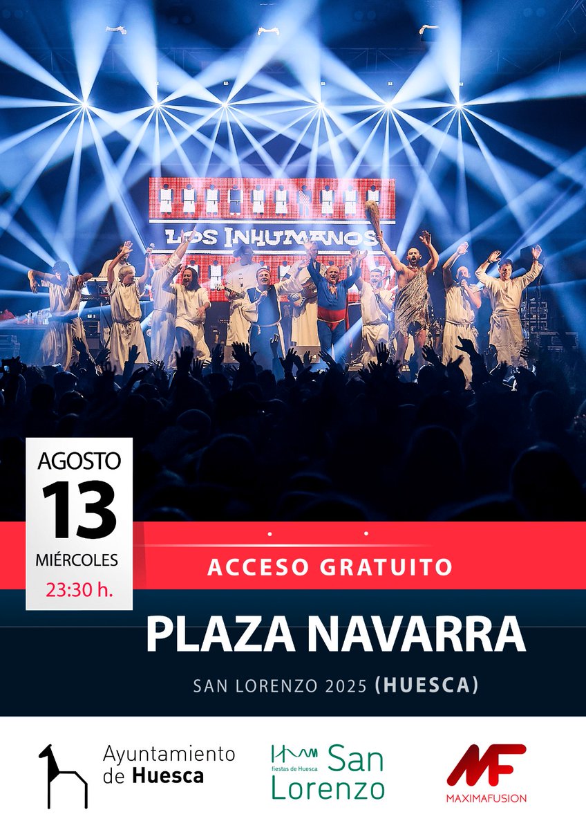 Y después de un día de descanso, tras cuatro conciertos intensísimos, continuamos la #semanainhumana con uno de los más esperados, en las fiestas de San Lorenzo de #Huesca. Esta noche, a eso de las 23:30h, en la Pl. de Navarra. Preparaos, que vamos!!!! #gira2025 #concierto