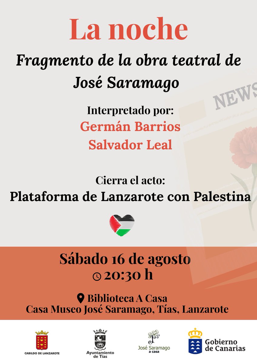 No os perdáis este sábado a las 20:30h en la Biblioteca de A Casa Museo José #Saramago la interpretación de un fragmento de la obra teatral «La noche» interpretado por Salvador Leal y Germán Barrios, con la participación de la Plataforma de Lanzarote con Palestina
