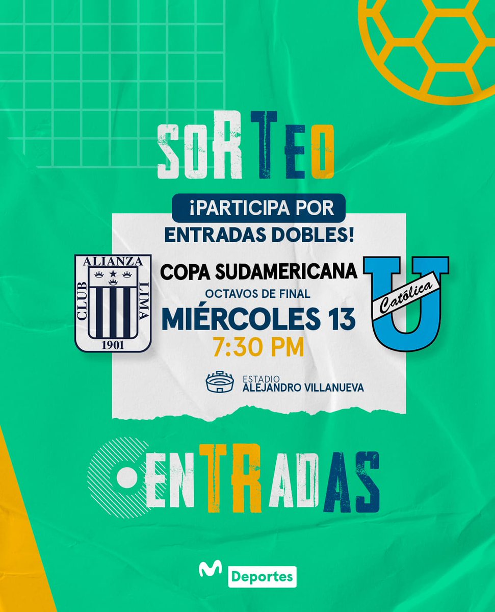 Participa por una entrada doble para el partidazo por la ida de los octavos de final de la Copa Sudamericana entre Alianza Lima y Universidad Católica de Ecuador, en Matute, este miércoles 13 de agosto a partir de las 7:30 p. m. 🎟⚽🏟

Sigue estos pasos y entra al sorteo ⤵

1️⃣
