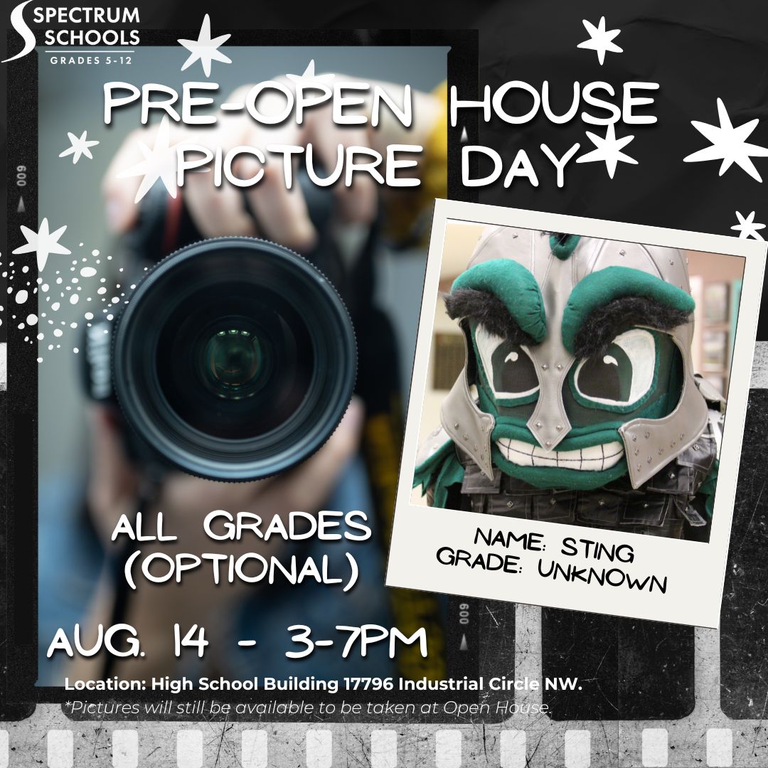 📣 REMINDER: Your student can avoid long lines for school pictures at Open House by attending Spectrum's (optional) pre-open house picture day. 📸 Stop by the high school building on August 14📅 from 3:00PM-7:00PM. #SpectrumSting #BackToSchool