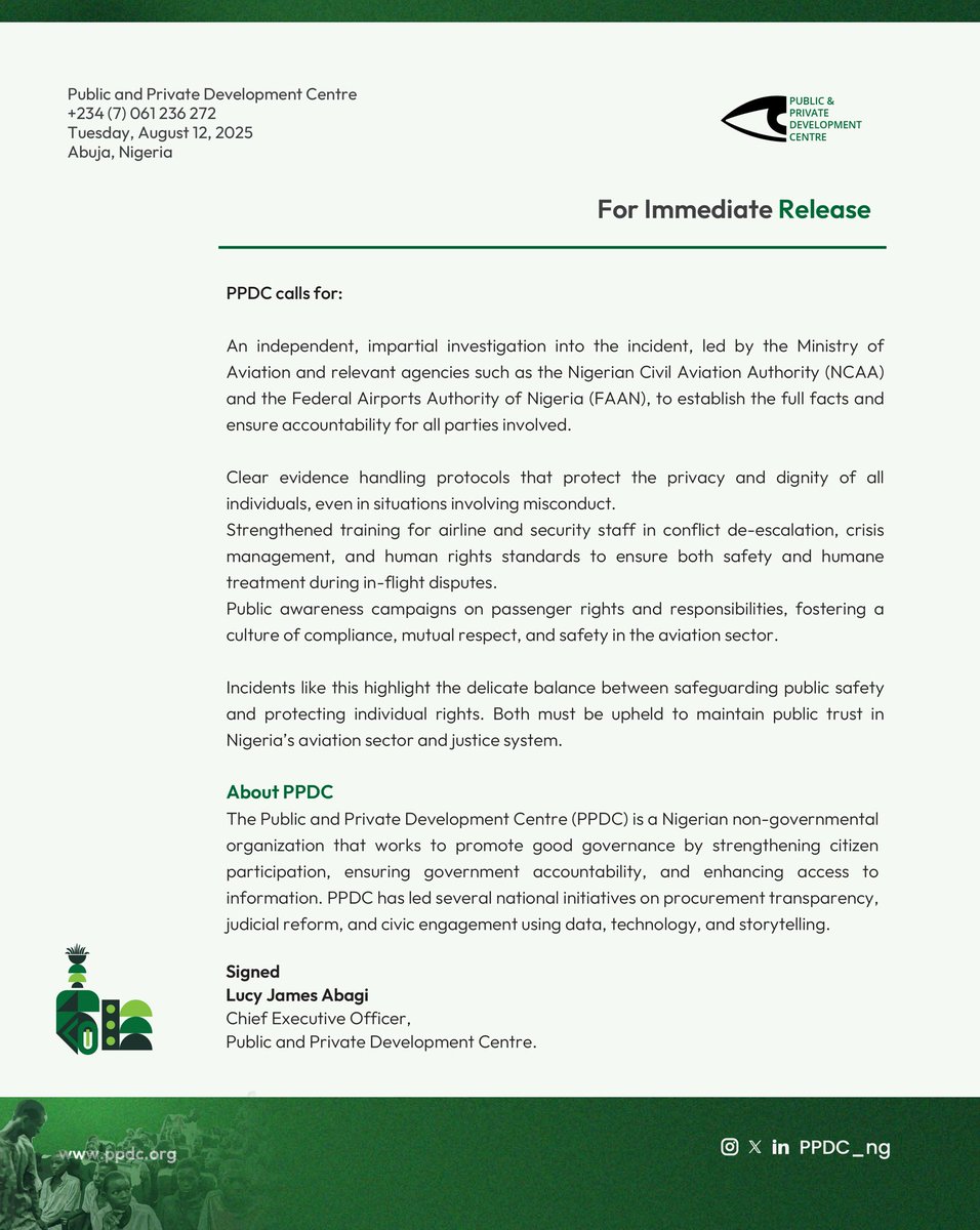 Safety and dignity must go together.
Following the recent Ibom Air passenger incident, PPDC is calling for:
 
• An independent investigation led by the Federal Ministry of Aviation.
• ⁠Clear Evidence handling protocols.
• ⁠Strengthened training for airline and security