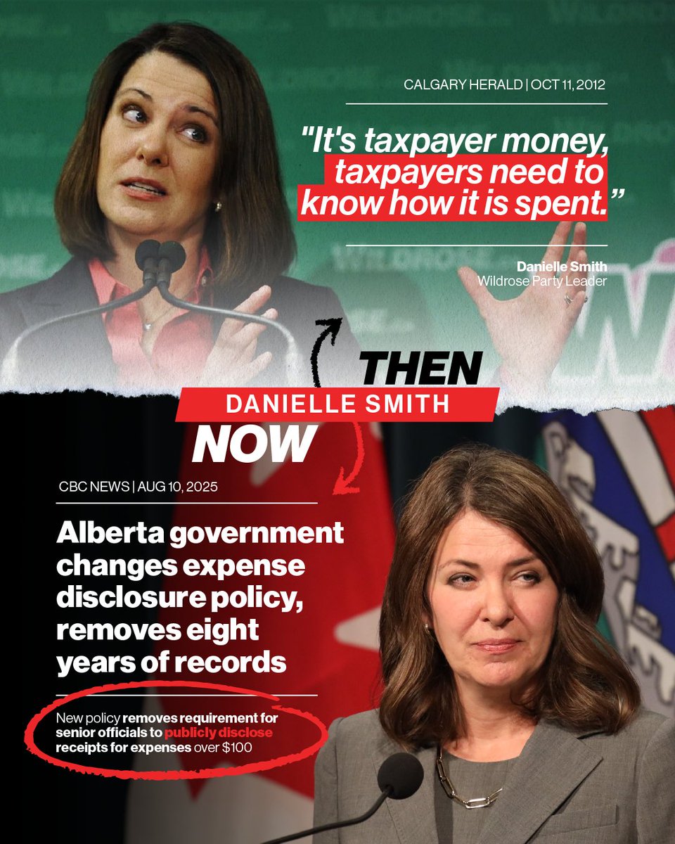 albertaNDP's tweet image. Danielle Smith used to say taxpayers deserve to know how their money is spent.

Now she’s deleted 8 years of expense records and scrapped the rule to post receipts over $100. 

Why doesn’t she believe in transparency anymore?

What are you hiding, Danielle?