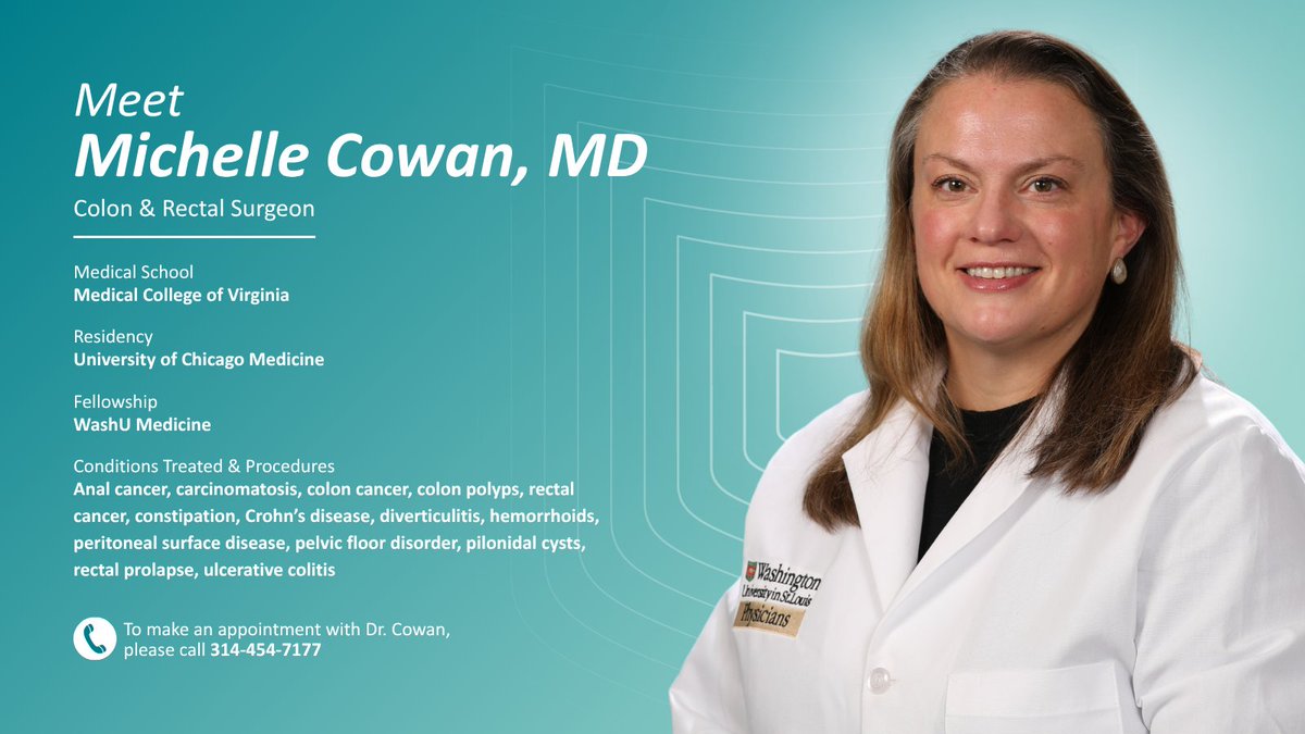 Meet Dr. Michelle Cowan! From treating colorectal cancer to helping patients manage IBD and pelvic floor disorders, she’s here to listen, care, and make a difference—one patient at a time.

#WashUSurgery #ColorectalSurgery #MeetOurSurgeons