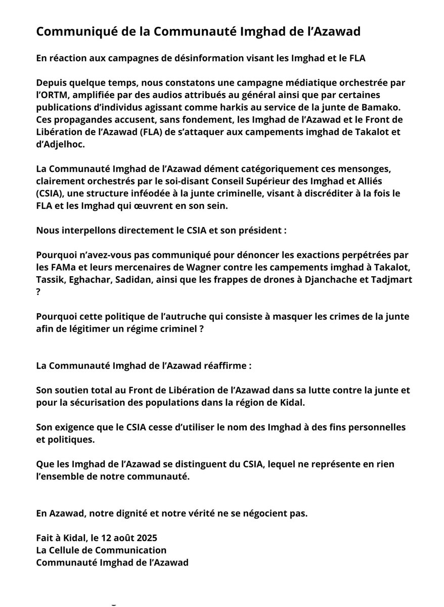 ag_attarikhe's tweet photo. La communauté #Imghad de l'#Azawad réagit fermement à la désinformation diffusée par l’ORTM et tient à rétablir la vérité face aux propos mensongers relayés sur leur chaîne.👇 https://t.co/P3aCCnkwQs