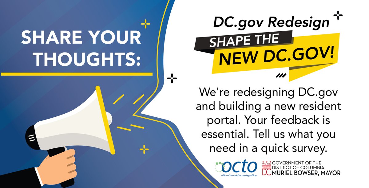 📱💬Your voice. Your portal.

We're redesigning dc.gov &amp; creating a new Resident Portal to make it easier to find info, services &amp; programs online.

Take this survey to help us design a digital experience that works for YOU! 🫵

➡️s.dc.gov/redesign-resid…

#DCtech