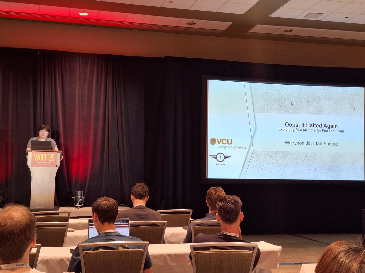 WOOT 2025 Day 2 starts with another Physical Attacks session  (Chair: A. Zonenberg)
- Valentin Huber: Deep dive into FRAM fault injection effects
- Boyapally Harishma: Side-channel reality check on ARM Cortex-A72
- Wooyeon Jo: PLC memory exploitation in industrial systems