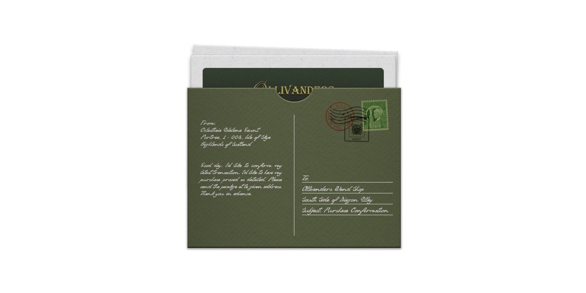 ⠀
With brisk and steady steps, Floch the house elf arrived at <a href="/AH_WandShop/">Ollie's Wand Shop</a>. He carefully placed three order confirmation letters from <a href="/ProfsGaunt/">Benedictus.</a>, <a href="/MissCGaunt/">Gaunt, C on leave.</a> and  <a href="/ProfsHecate/">(H)ecate.</a> into the magical mailbox, making sure each was sealed and tidy before vanishing without a sound.
⠀